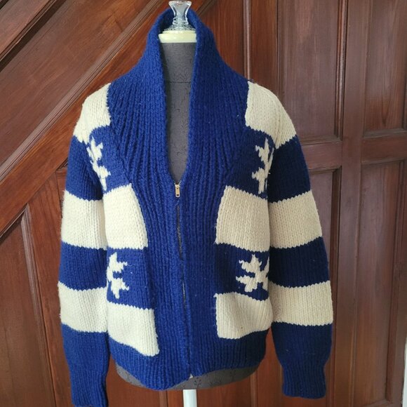 Vintage Hand-Knit Wool Cardigan With Snowflake Pattern & Zipper - Picture 2 of 4